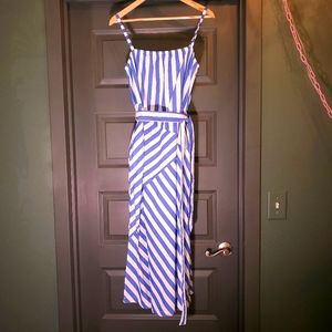 Gap size M blue and white asymmetrical striped midi dress w/pockets/leg slits